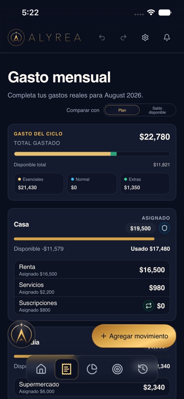 La pantalla Gastos compara movimientos ficticios con el plan del hogar