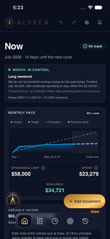 The app’s Now screen showing a fictional household’s monthly pace, safe-to-spend amount, and payment methods