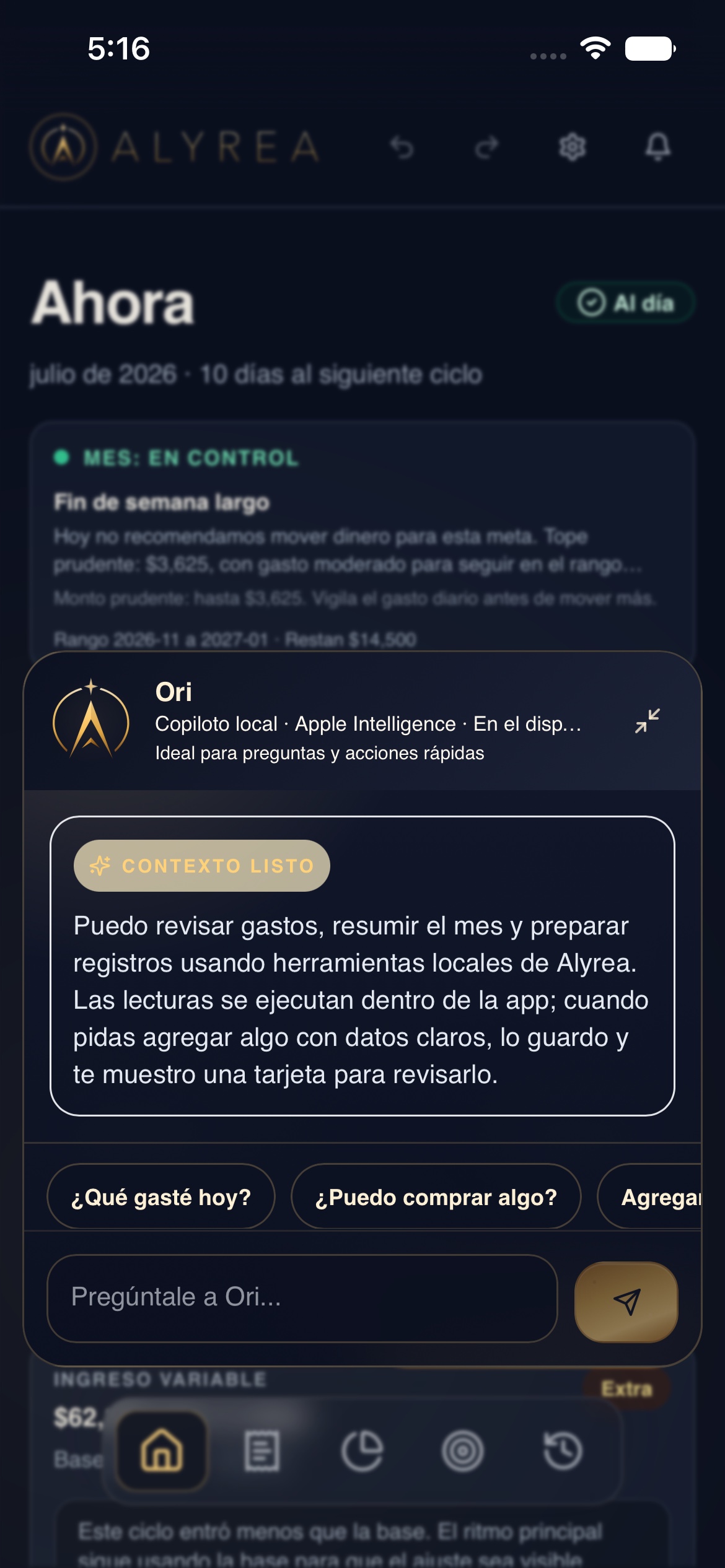 Ori abierto sobre la pantalla Ahora de Alyrea en un iPhone, con contexto ficticio del presupuesto y preguntas sugeridas