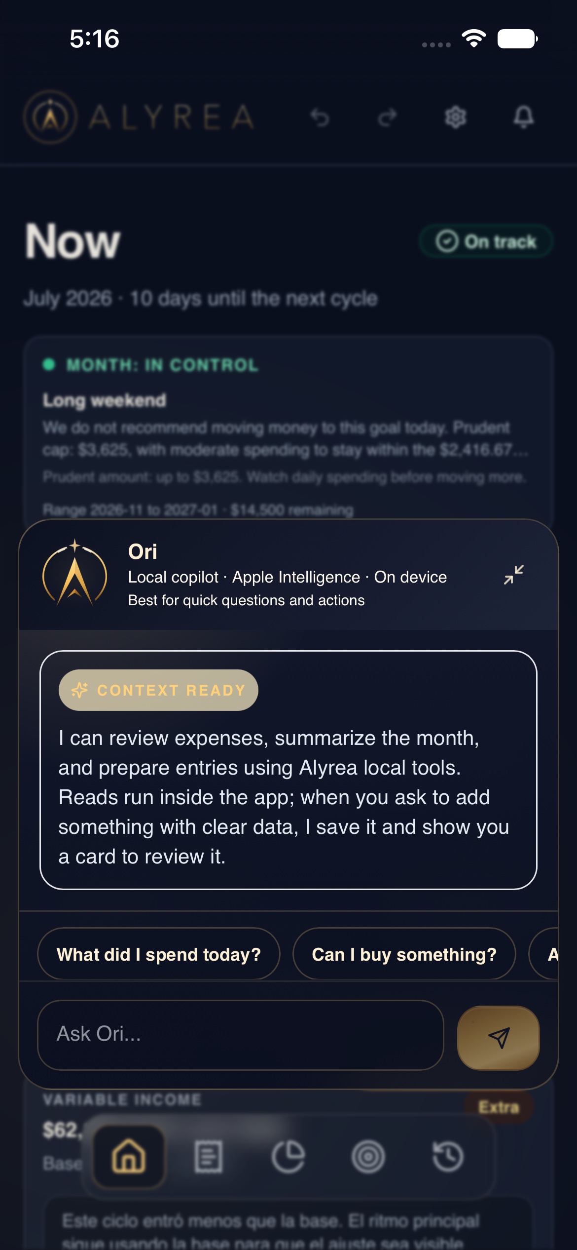 Ori open over Alyrea’s Now screen on an iPhone, showing fictional budget context and suggested questions