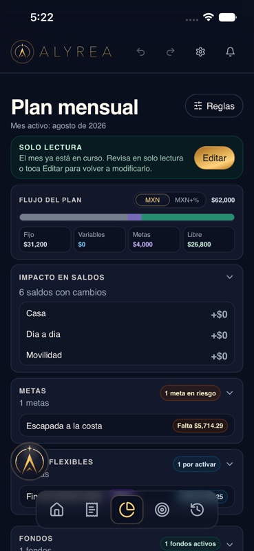La pantalla Plan con gastos fijos, flexibles, metas, fondos y saldo restante ficticios