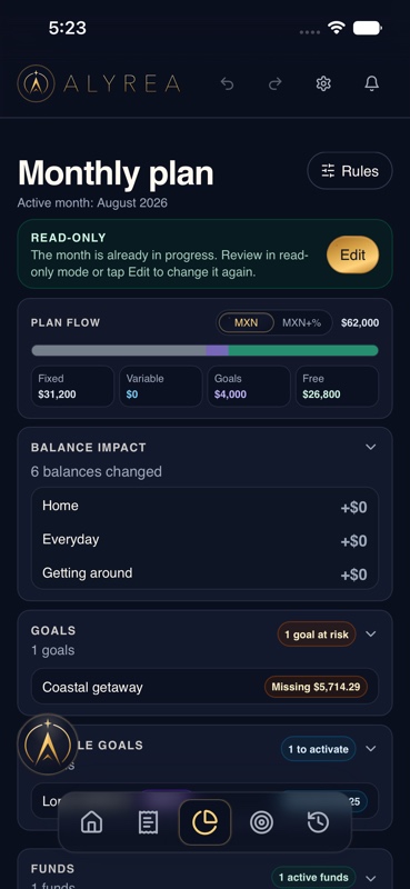 The Plan screen with fictional fixed costs, flexible spending, goals, reserves, and remaining balance